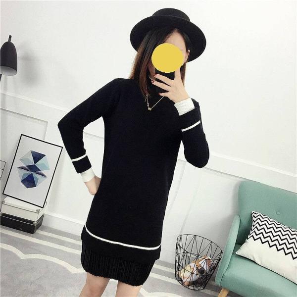 レディース ワンピース ニットワンピ ミニ丈 ライン シンプル 長袖 ベージュ ブラウン ブラック フリーサイズ ワンサイズ 送料無料