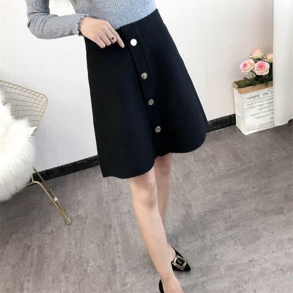 レディース ニット スカート ハイウエスト ミニ丈 秋 冬 ボトムス ブラック フリーサイズ ワンサイズ 送料無料