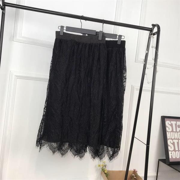 レディース スカート ハイウエスト レース 秋 冬 ボトムス ブラック ダークグレー フリーサイズ ワンサイズ 送料無料