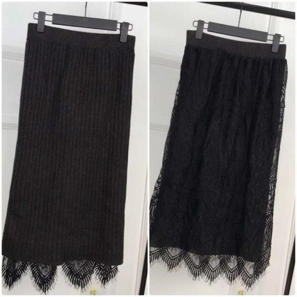 レディース スカート ハイウエスト レース 秋 冬 ボトムス ブラック ダークグレー フリーサイズ ワンサイズ 送料無料