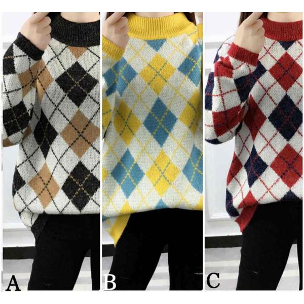 レディース ニット セーター チェック柄 長袖 トップス 秋 冬 ブラック イエロー レッド フリーサイズ ワンサイズ 送料無料
