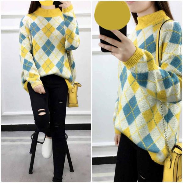 レディース ニット セーター チェック柄 長袖 トップス 秋 冬 ブラック イエロー レッド フリーサイズ ワンサイズ 送料無料