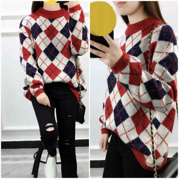 レディース ニット セーター チェック柄 長袖 トップス 秋 冬 ブラック イエロー レッド フリーサイズ ワンサイズ 送料無料