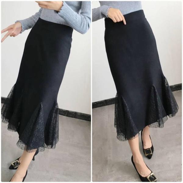 レディース スカート ハイウエスト ミモレ丈 レース 秋 冬 ボトムスブラック フリーサイズ ワンサイズ 送料無料