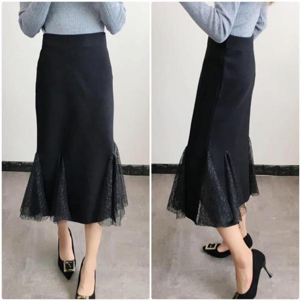 レディース スカート ハイウエスト ミモレ丈 レース 秋 冬 ボトムスブラック フリーサイズ ワンサイズ 送料無料
