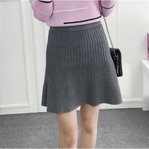 レディース ウール ニット スカート ハイウエスト ひざ上丈 フレア 秋 冬 ボトムス ブラック グレー フリーサイズ ワンサイズ 送料無料