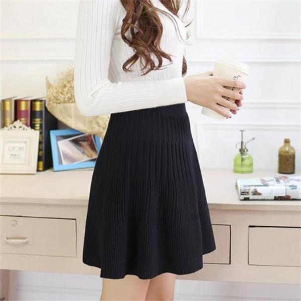 レディース ウール ニット スカート ハイウエスト ひざ上丈 フレア 秋 冬 ボトムス ブラック グレー フリーサイズ ワンサイズ 送料無料