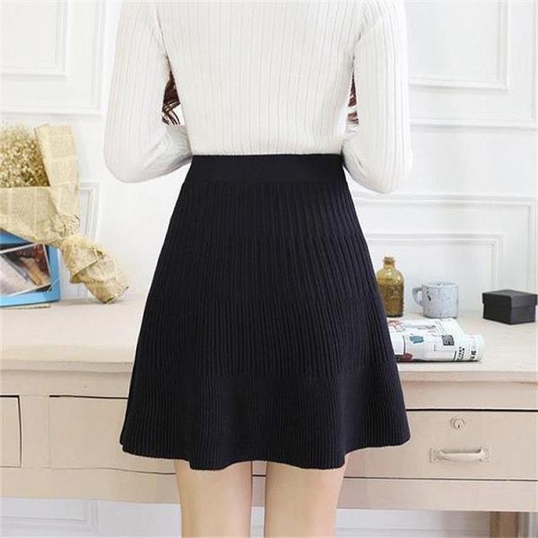 レディース ウール ニット スカート ハイウエスト ひざ上丈 フレア 秋 冬 ボトムス ブラック グレー フリーサイズ ワンサイズ 送料無料