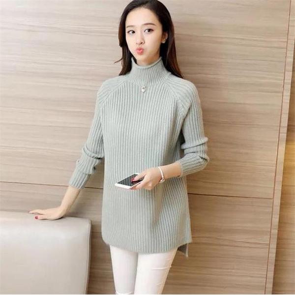 レディース ニット セーター ハイネック ロング丈 無地 シンプル 長袖 トップス 秋 冬 ピンク ブルー ホワイト グレー フリーサイズ 送料無料