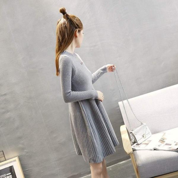 レディース ワンピース ニットワンピ ひざ上丈 無地 シンプル 長袖 グレー ブラック フリーサイズ ワンサイズ 送料無料