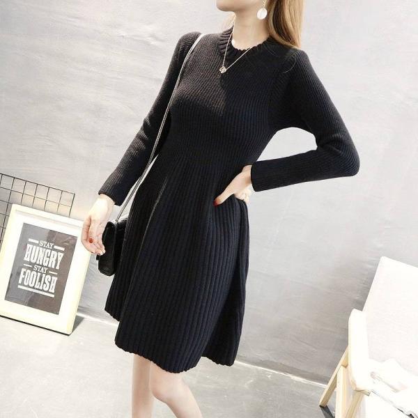 レディース ワンピース ニットワンピ ひざ上丈 無地 シンプル 長袖 グレー ブラック フリーサイズ ワンサイズ 送料無料