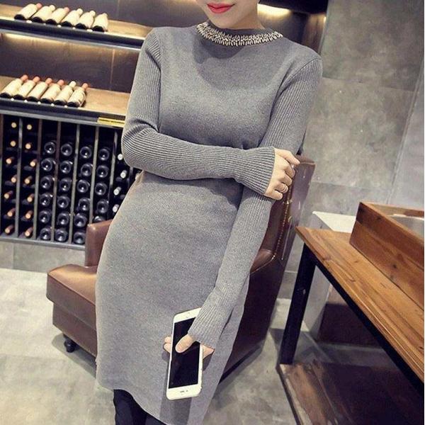 レディース ワンピース ニットワンピ ひざ上丈 無地 シンプル 長袖 グレー ブラック フリーサイズ ワンサイズ 送料無料