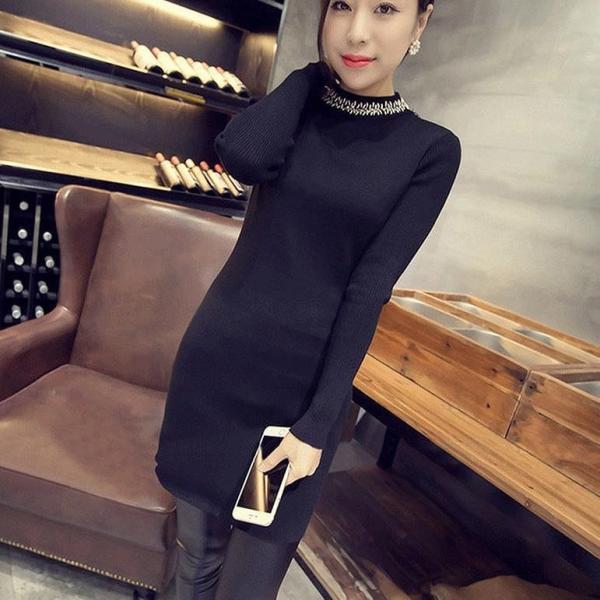 レディース ワンピース ニットワンピ ひざ上丈 無地 シンプル 長袖 グレー ブラック フリーサイズ ワンサイズ 送料無料