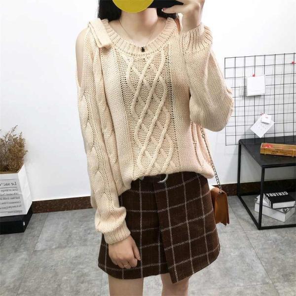 レディース ニット ショルダーカット 肩出し 肩見せ セーター 無地 シンプル 長袖 ベージュ グリーン フリーサイズ ワンサイズ 送料無料