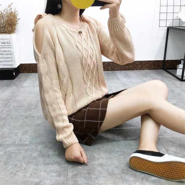 レディース ニット ショルダーカット 肩出し 肩見せ セーター 無地 シンプル 長袖 ベージュ グリーン フリーサイズ ワンサイズ 送料無料