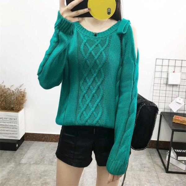 レディース ニット ショルダーカット 肩出し 肩見せ セーター 無地 シンプル 長袖 ベージュ グリーン フリーサイズ ワンサイズ 送料無料