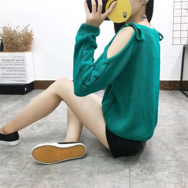 レディース ニット ショルダーカット 肩出し 肩見せ セーター 無地 シンプル 長袖 ベージュ グリーン フリーサイズ ワンサイズ 送料無料