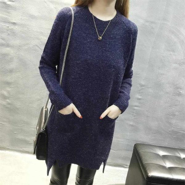 レディース ワンピース ニットワンピ ひざ上丈 無地 シンプル 長袖 ネイビー ワインレッド フリーサイズ ワンサイズ 送料無料