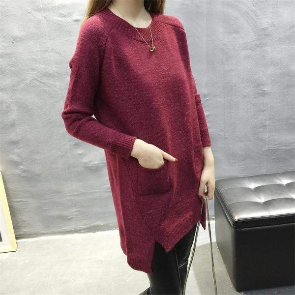 レディース ワンピース ニットワンピ ひざ上丈 無地 シンプル 長袖 ネイビー ワインレッド フリーサイズ ワンサイズ 送料無料