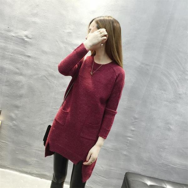 レディース ワンピース ニットワンピ ひざ上丈 無地 シンプル 長袖 ネイビー ワインレッド フリーサイズ ワンサイズ 送料無料