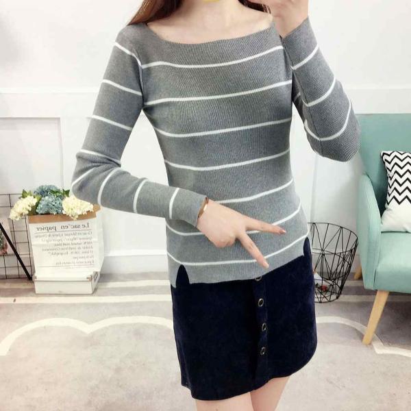 レディース ニット セーター スクエアネック ボーダー シンプル 長袖 グレー ブラック ホワイト フリーサイズ ワンサイズ 送料無料