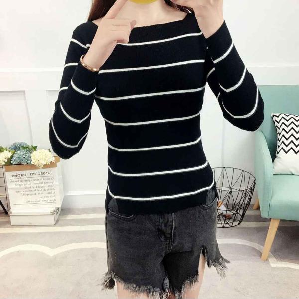 レディース ニット セーター スクエアネック ボーダー シンプル 長袖 グレー ブラック ホワイト フリーサイズ ワンサイズ 送料無料