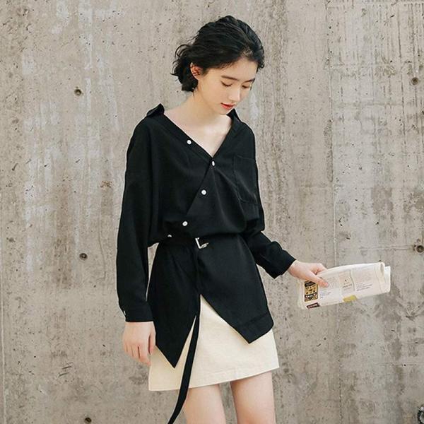 レディース ブラウス シャツ 長袖 Vネック トップス ブラック ホワイト フリーサイズ ワンサイズ 送料無料