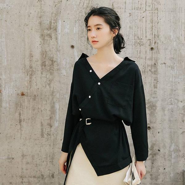 レディース ブラウス シャツ 長袖 Vネック トップス ブラック ホワイト フリーサイズ ワンサイズ 送料無料
