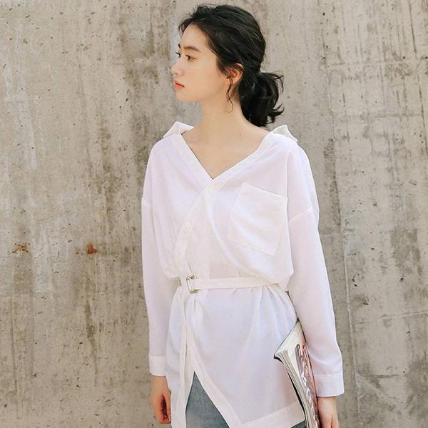 レディース ブラウス シャツ 長袖 Vネック トップス ブラック ホワイト フリーサイズ ワンサイズ 送料無料