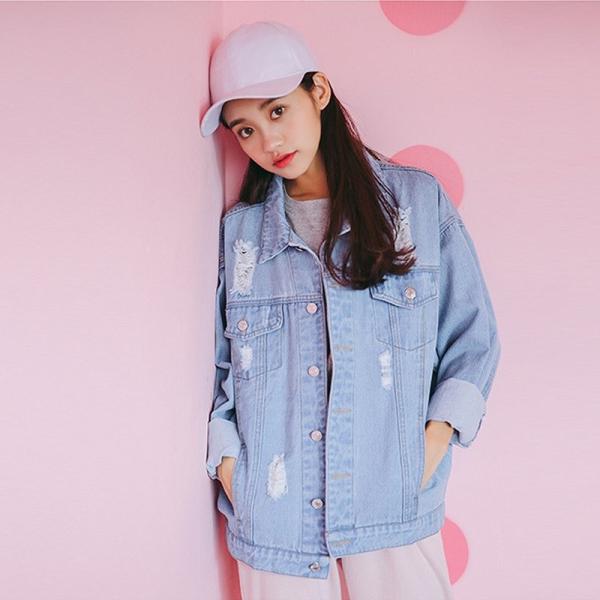 レディース アウター デニムジャケット 長袖 ダメージ 無地 ゆったり ブルー S M L 送料無料