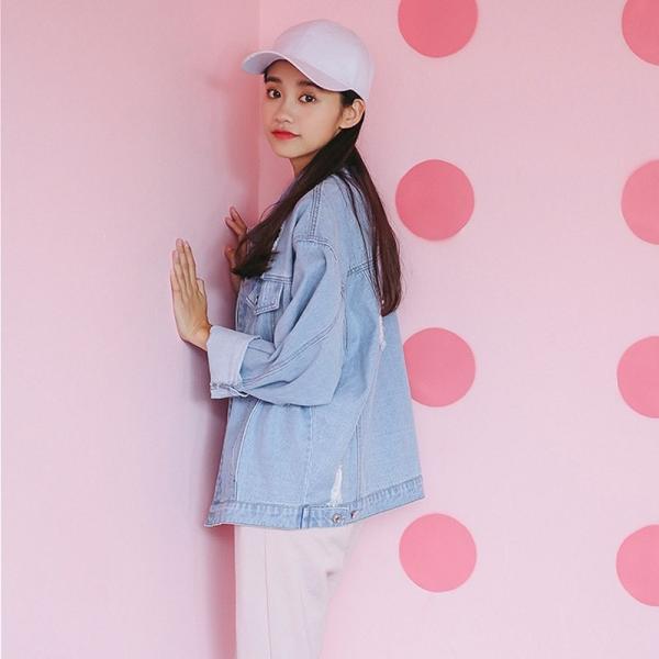 レディース アウター デニムジャケット 長袖 ダメージ 無地 ゆったり ブルー S M L 送料無料