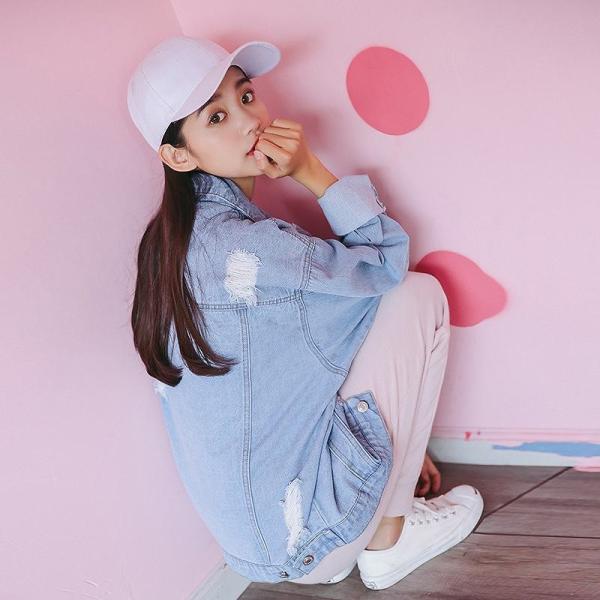 レディース アウター デニムジャケット 長袖 ダメージ 無地 ゆったり ブルー S M L 送料無料