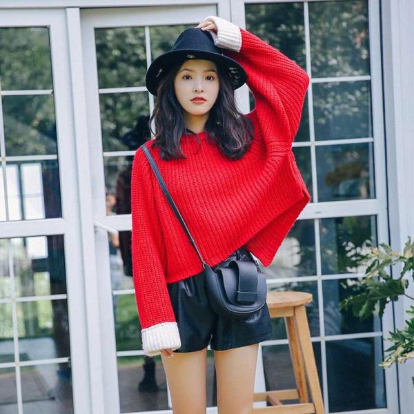 レディース トップス ニット セーター 長袖 ショート丈 ラウンドネック 無地 ゆったり レッド S M 送料無料