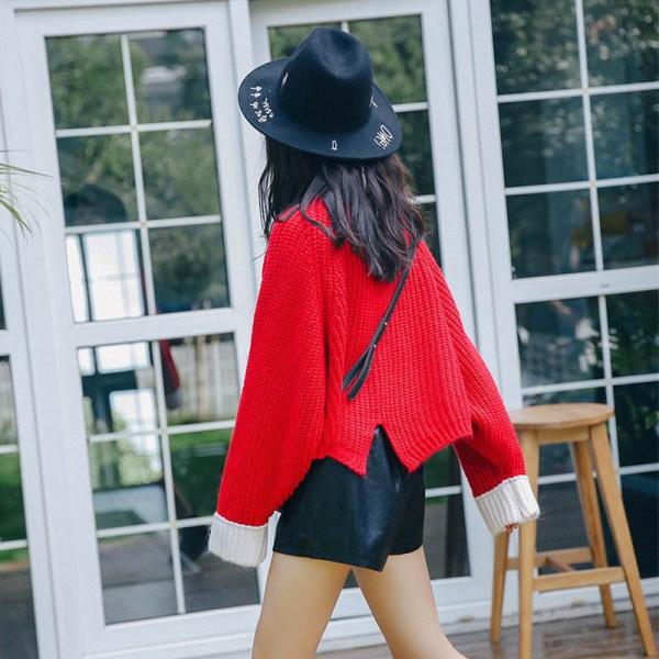 レディース トップス ニット セーター 長袖 ショート丈 ラウンドネック 無地 ゆったり レッド S M 送料無料