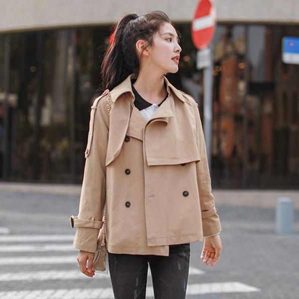 レディース アウター トレンチコート ショート丈 長袖 無地 ゆったり ベージュ S M L 送料無料