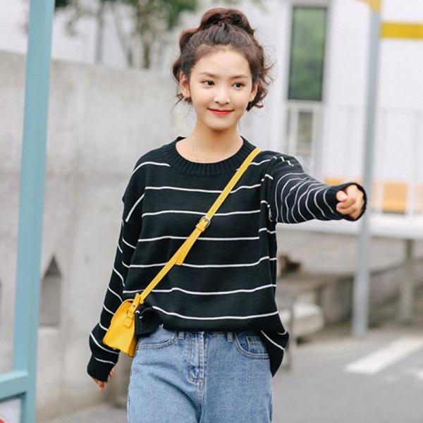 レディース トップス ニット セーター ボーダー 長袖 ラウンドネック 無地 ゆったり ブラック ホワイト フリーサイズ 送料無料