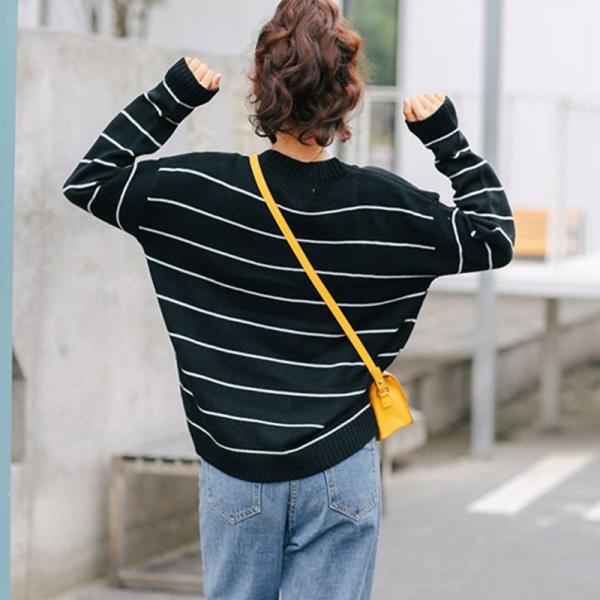 レディース トップス ニット セーター ボーダー 長袖 ラウンドネック 無地 ゆったり ブラック ホワイト フリーサイズ 送料無料