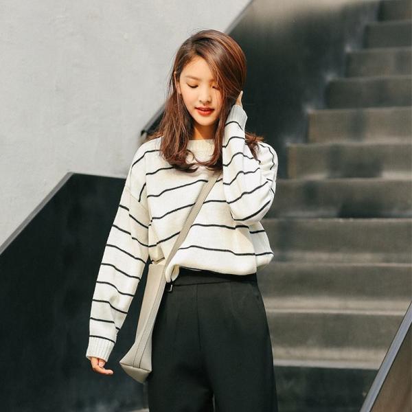 レディース トップス ニット セーター ボーダー 長袖 ラウンドネック 無地 ゆったり ブラック ホワイト フリーサイズ 送料無料