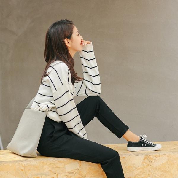 レディース トップス ニット セーター ボーダー 長袖 ラウンドネック 無地 ゆったり ブラック ホワイト フリーサイズ 送料無料