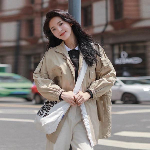 レディース アウター ウィンドブレーカー 長袖 トレンチコート 無地 ブラック ピンク カーキ S M 送料無料