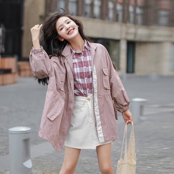 レディース アウター ウィンドブレーカー 長袖 トレンチコート 無地 ブラック ピンク カーキ S M 送料無料