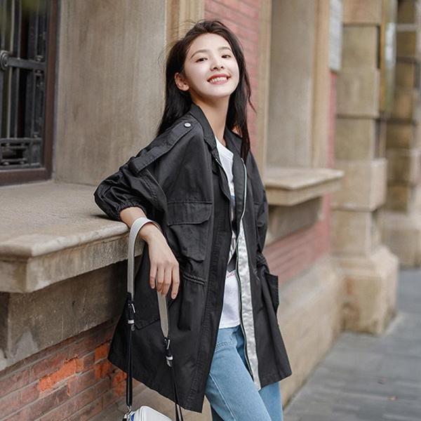 レディース アウター ウィンドブレーカー 長袖 トレンチコート 無地 ブラック ピンク カーキ S M 送料無料