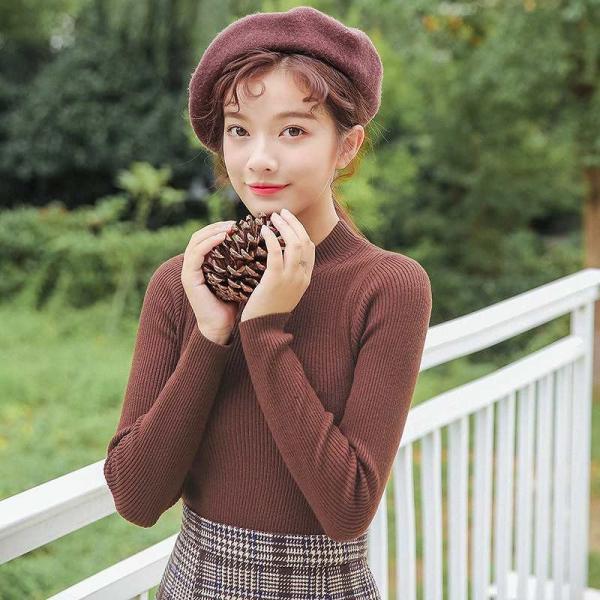 レディース トップス ニット セーター 長袖 ハイネック スリム 無地 ブラウン グレー ブラック ベージュ ホワイト フリーサイズ 送料無料