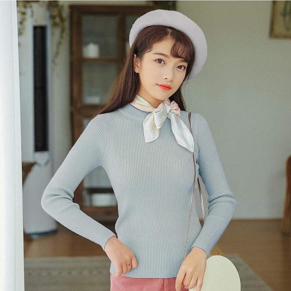 レディース トップス ニット セーター 長袖 ハイネック スリム 無地 ブラウン グレー ブラック ベージュ ホワイト フリーサイズ 送料無料