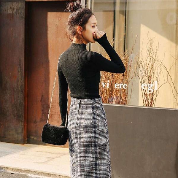 レディース トップス ニット セーター 長袖 ハイネック スリム 無地 ブラウン グレー ブラック ベージュ ホワイト フリーサイズ 送料無料