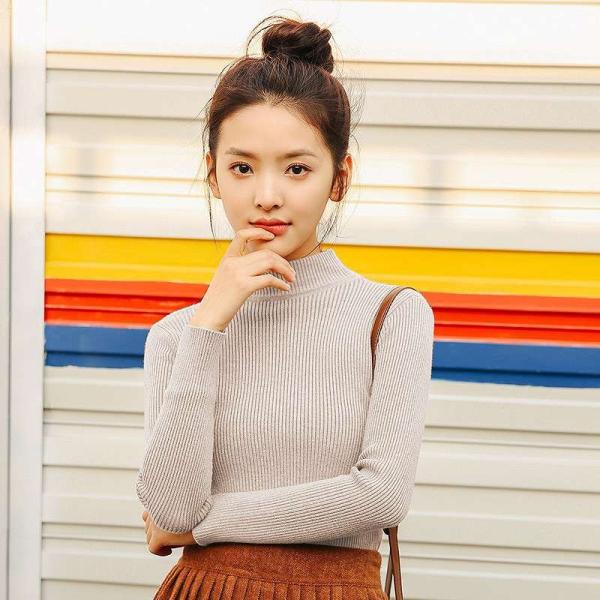 レディース トップス ニット セーター 長袖 ハイネック スリム 無地 ブラウン グレー ブラック ベージュ ホワイト フリーサイズ 送料無料