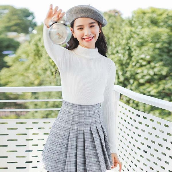 レディース トップス ニット セーター 長袖 ハイネック スリム 無地 ブラウン グレー ブラック ベージュ ホワイト フリーサイズ 送料無料