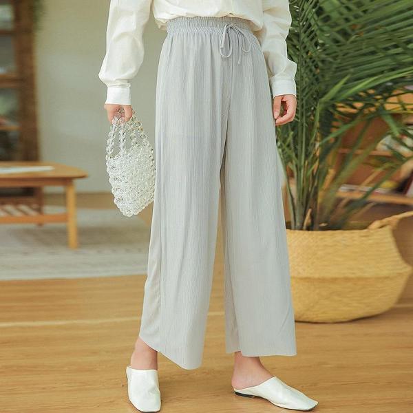 レディース ボトムス ワイドパンツ アンクル丈 ウエスト調節 薄手 無地 グレー ブラック ベージュ S M L 送料無料