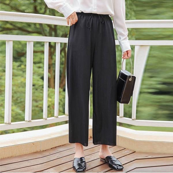 レディース ボトムス ワイドパンツ アンクル丈 ウエスト調節 薄手 無地 グレー ブラック ベージュ S M L 送料無料