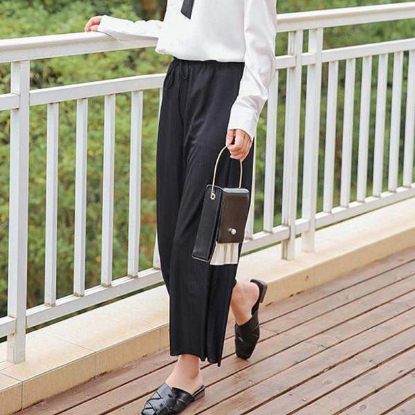 レディース ボトムス ワイドパンツ アンクル丈 ウエスト調節 薄手 無地 グレー ブラック ベージュ S M L 送料無料